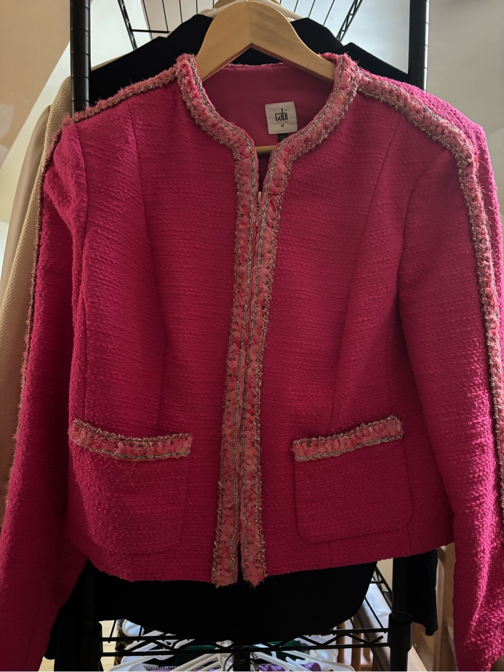 CAbi Hot Pink Bouclé Trim Collarless Jacket